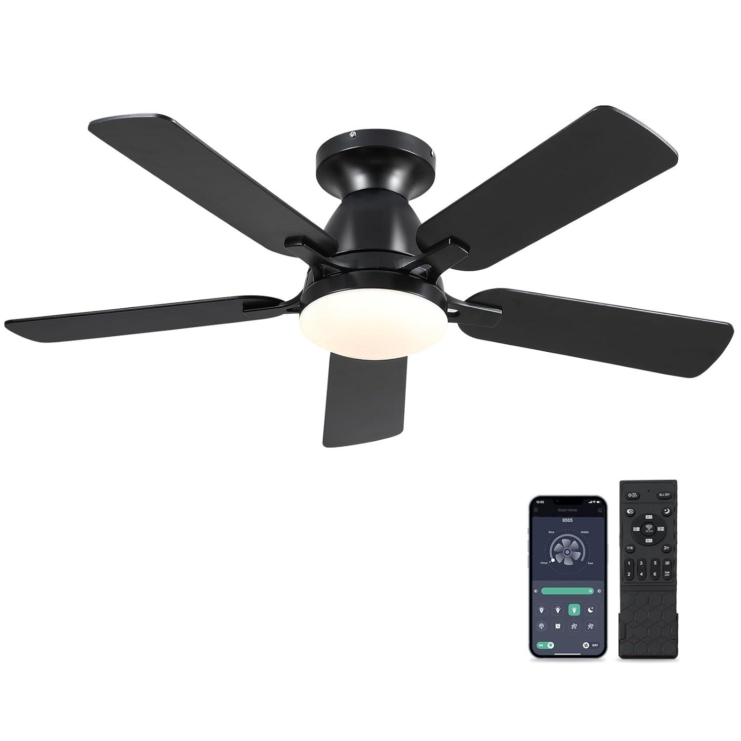 46" Low Profile Indoor Ceiling Fan with Light and Remote/APP Control, Flush Mount, LED Dimmable DC Reversible Modern Ceiling Fan for Bedroom - Black