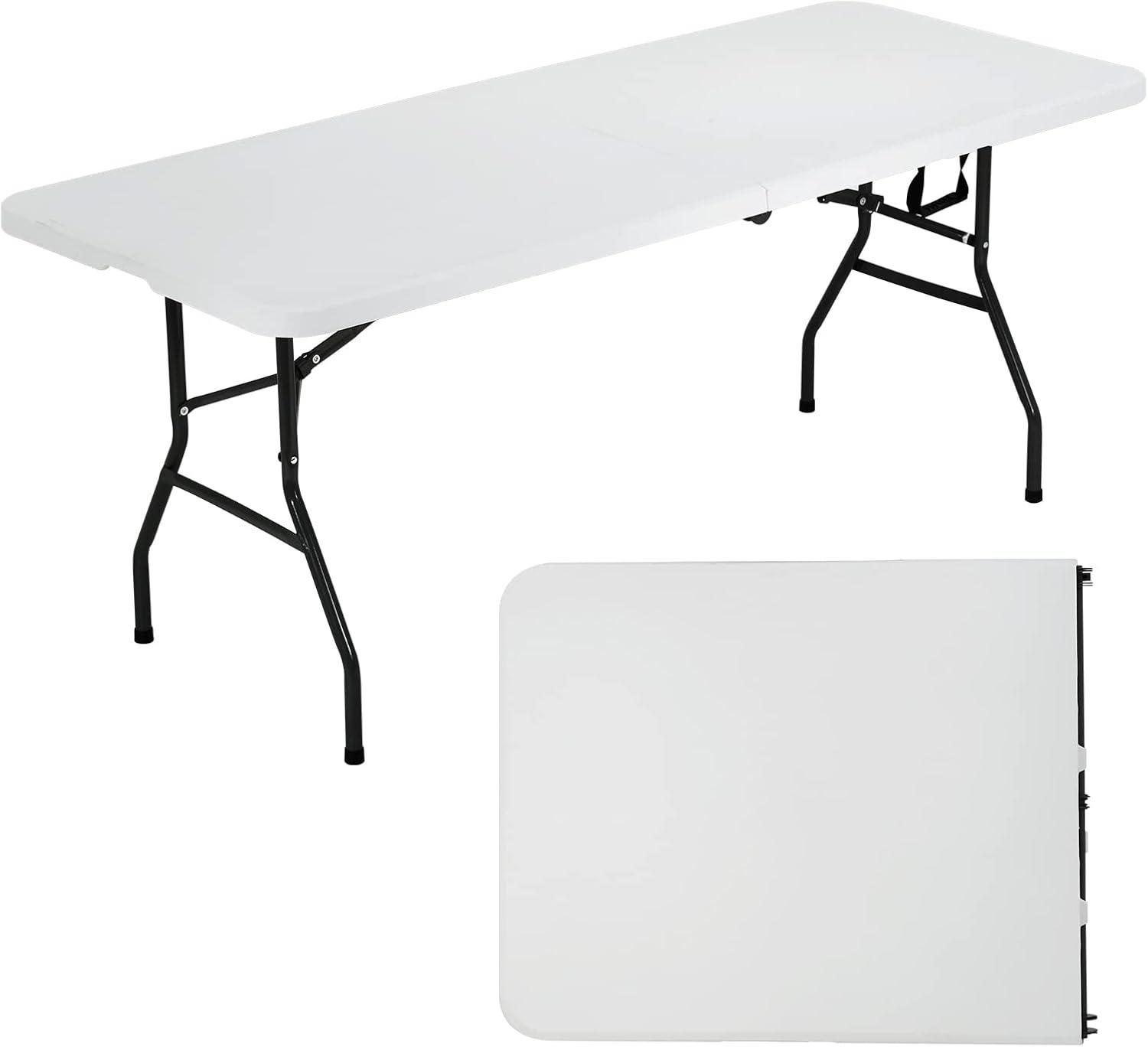 Plainsity 6ft Plastic Folding Table - Portable, Foldable, Heavy Duty Dining Table for Parties, Weddings, BBQs, Camping, Backyard Events - Indoor/Outdoor Utility Table with Carrying Handle White