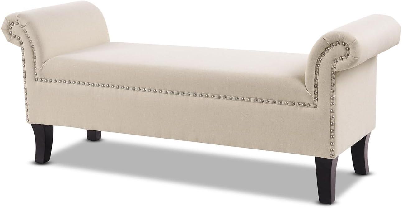 Sky Neutral Roll Arm Entryway Bench with Nailhead Trim