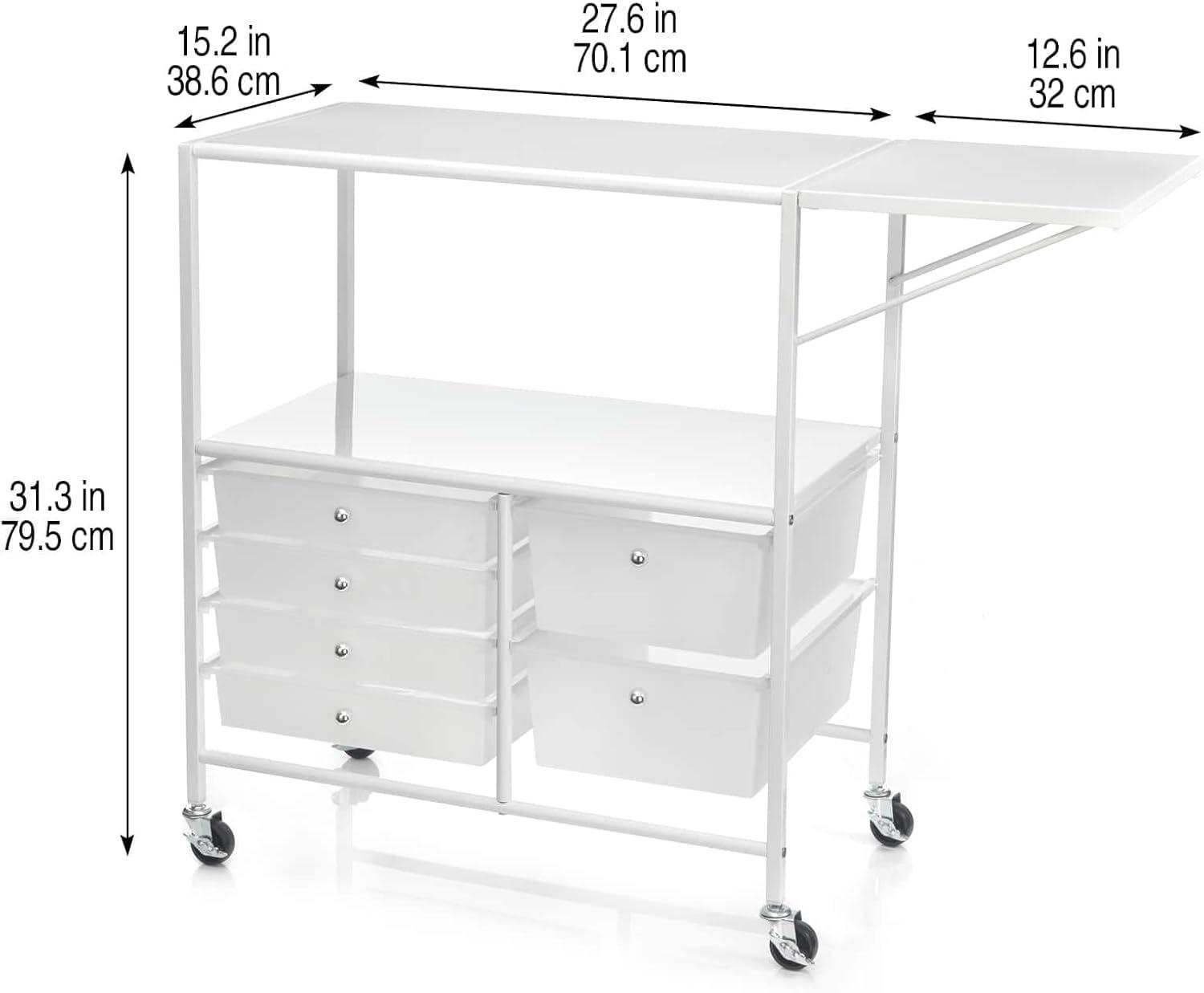 White Metal and Plastic Rolling Storage Cart with Drawers and Extendable Table