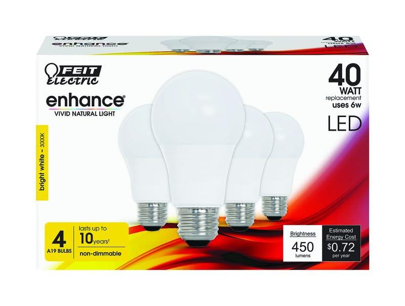 Feit Electric Enhance A19 E26 (Medium) LED Bulb Bright White 40 Watt Equivalence 4 pk