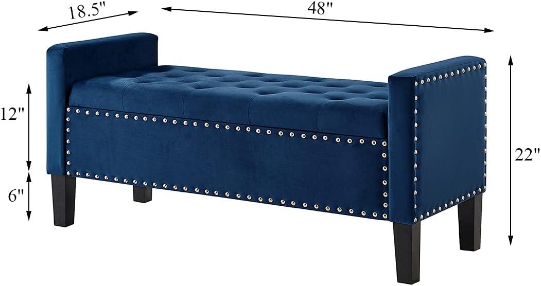 Navy Velvet Tufted Storage Bench with Arms and Nailhead Trim