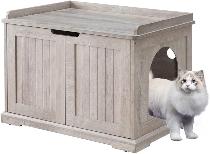 Unipaws Muebles de Caja de Arena para Gatos de Diseñador Banco de Almacenamiento para Baño de Gatos, Gris Envejecido