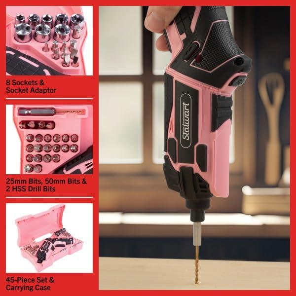 Stalwart 45pc 4V Cordless Screwdriver Set, Pink