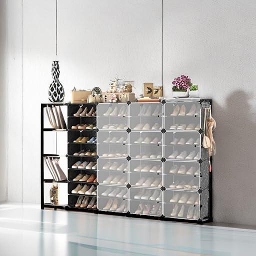 Black and White Freestanding Plastic Shoe Storage Cabinet with Doors