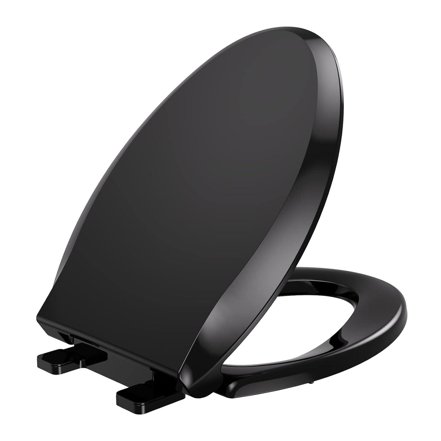 Elongated Toilet Seat, Slow Soft Close, Oval(Oblong) Toilet Seat For Elongated Toilets, Quiet-Close Lid And Seat, Easy To Install And Clean, Never Loosen, Black(18.5)