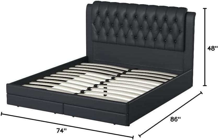 Stylish Modern Black Faux Leather Eastern King Size Bed 1p Bedframe Master Bedroom Furniture Storage Footboard Tufted Headboard