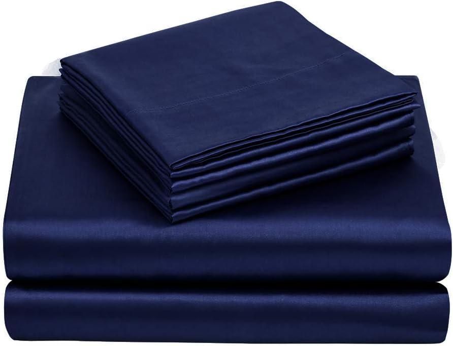 TREELY 6 Piece King Size Satin Sheet Set - Navy Blue, Deep Pocket, Fitted Sheet, Flat Sheet, 4 Pillowcases