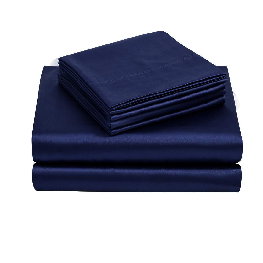 TREELY 6 Piece King Size Satin Sheet Set - Navy Blue, Deep Pocket, Fitted Sheet, Flat Sheet, 4 Pillowcases