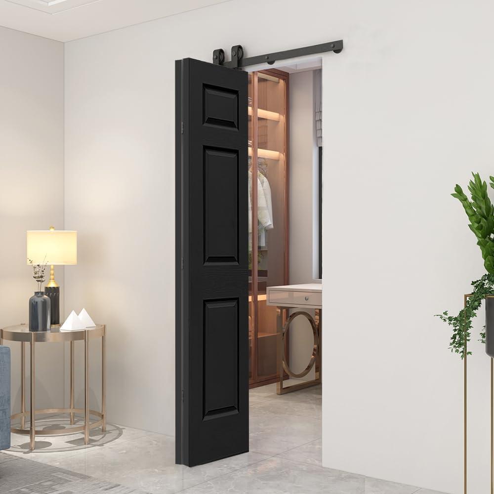 36 in. x 80 in. Black MDF Bi-Fold Barn Door with Hardware