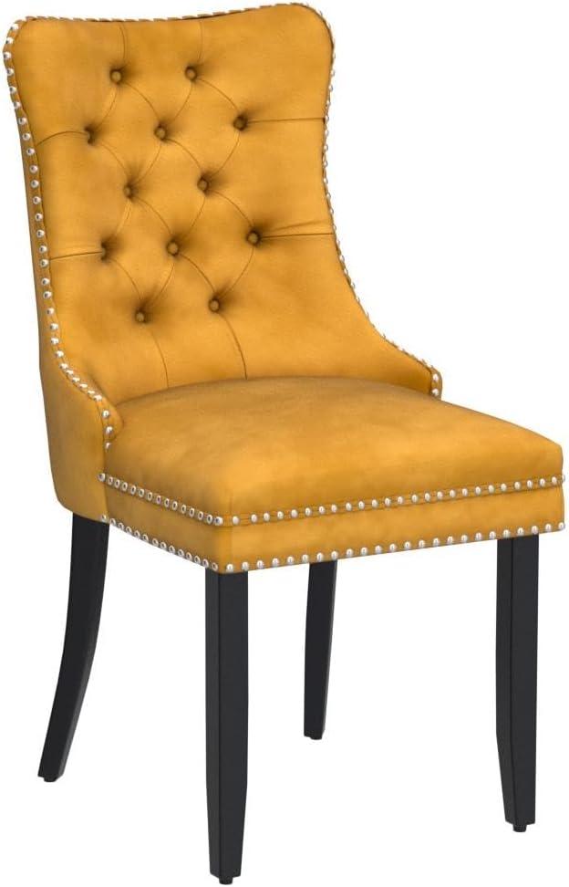 Luxurious Golden Velvet Tufted Dining Chair Set with Wood Legs and Nailhead Trim - Set of 2