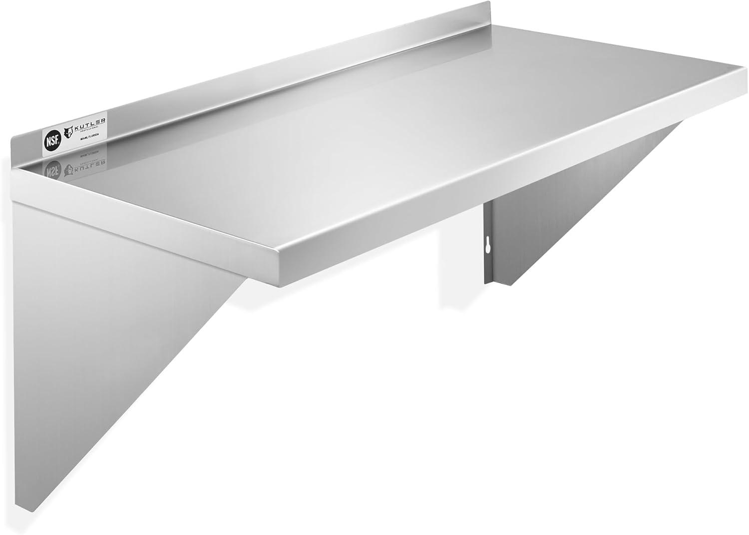 KUTLER Stainless Steel Shelf, NSF Commercial Wall Mount Shelves w/ Backsplash, Floating Metal Mounted Shelving for Restaurant, Kitchen, Home