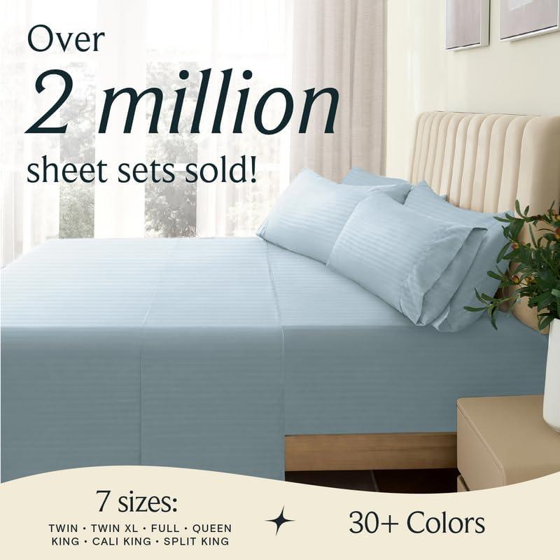 King Size Light Blue Striped Cotton Polyester Sheet Set