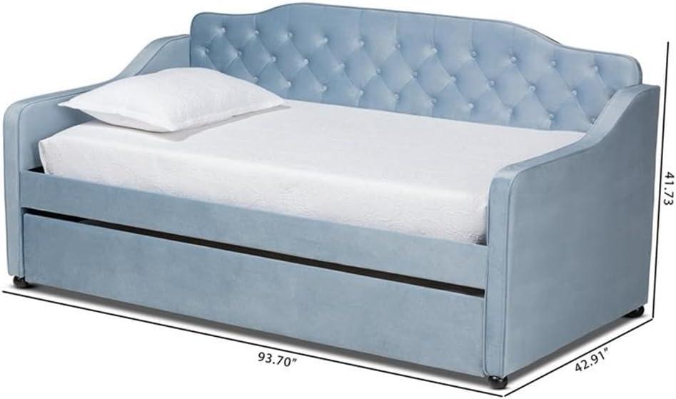 Twin Freda Velvet Tufted Daybed with Trundle Light Blue - Baxton Studio: Upholstered, Mid-Century Modern, No Box Spring Required