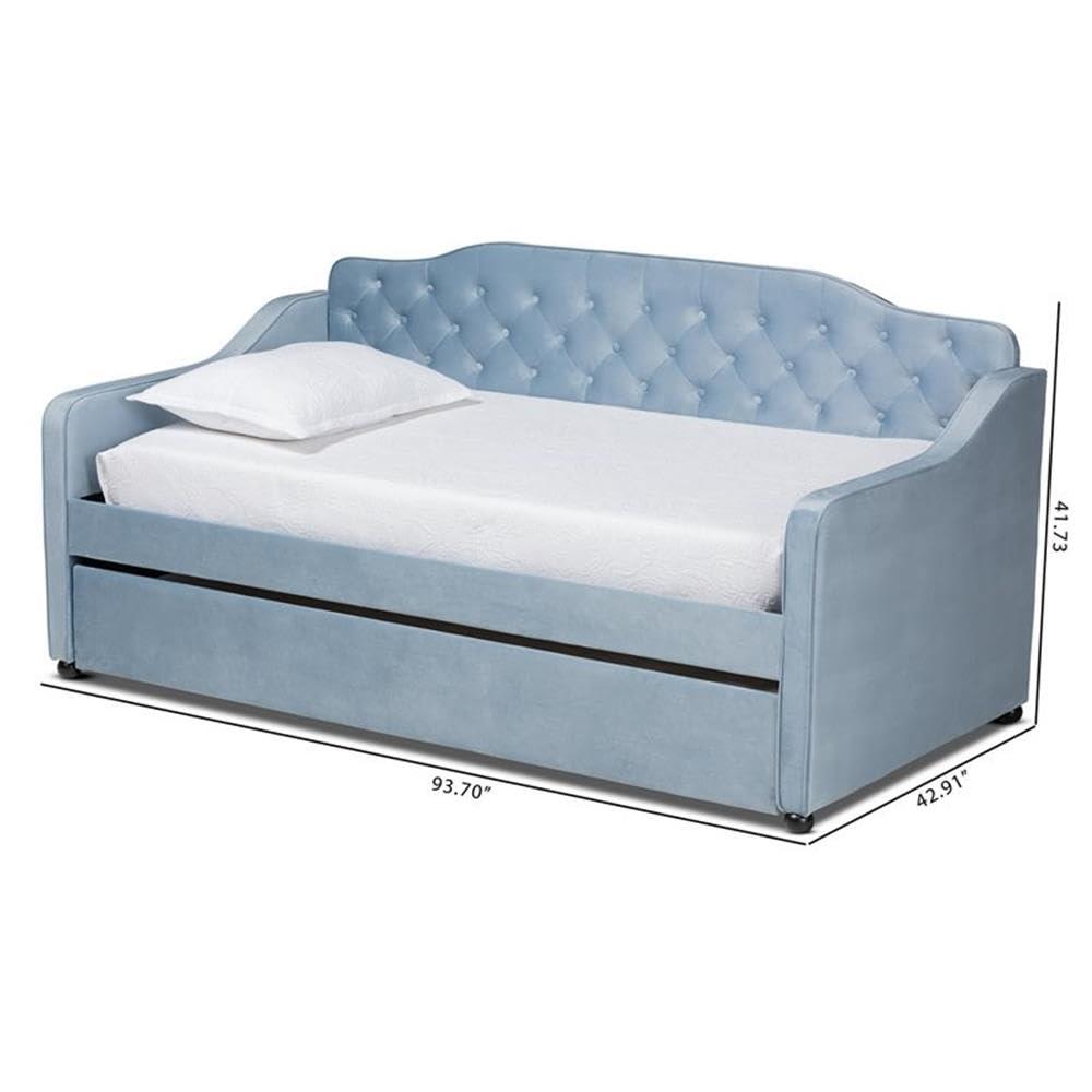 Twin Freda Velvet Tufted Daybed with Trundle Light Blue - Baxton Studio: Upholstered, Mid-Century Modern, No Box Spring Required