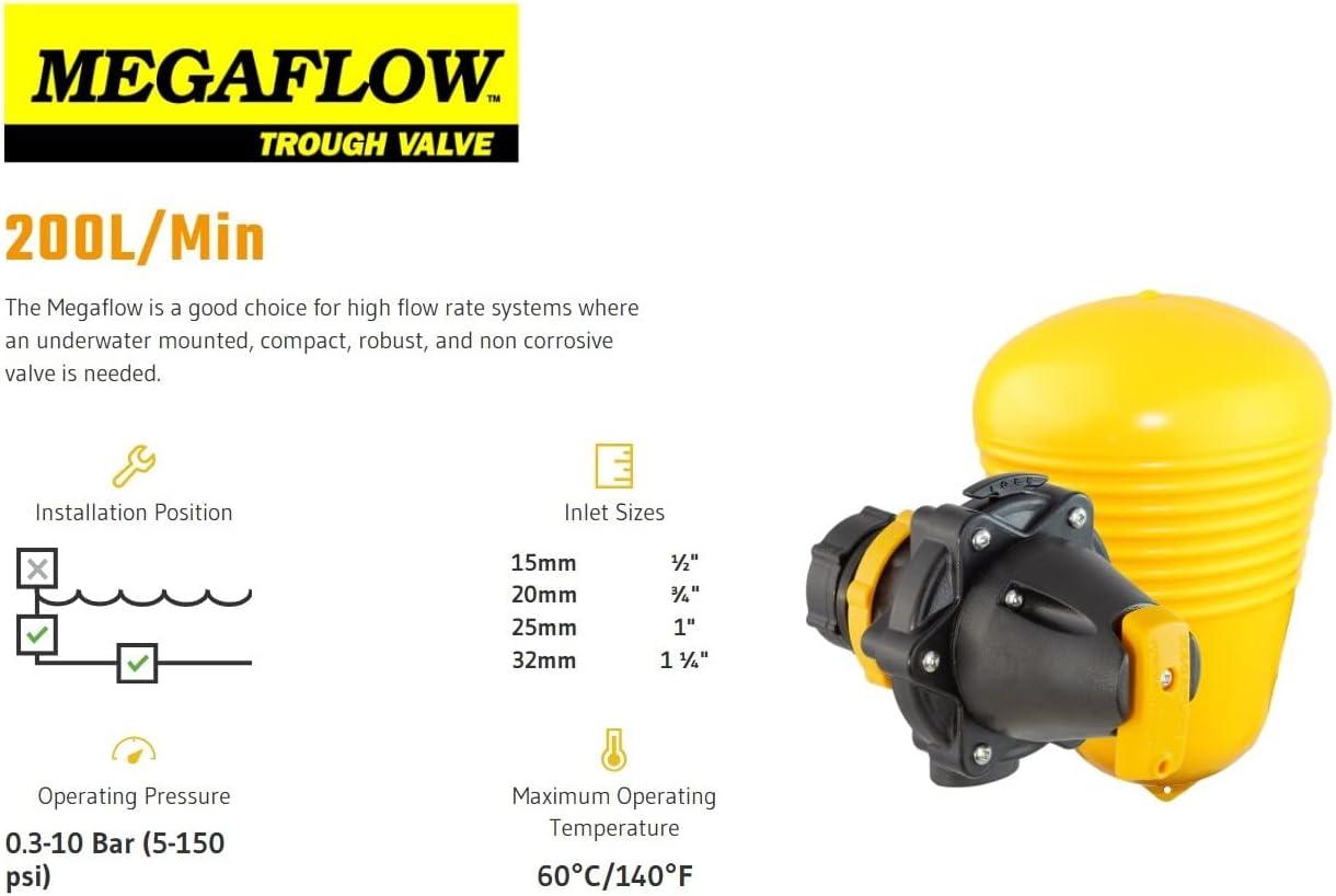 Jobe Valves J-MFV0100DLT Megaflow Trough Valve, 200L/Min, 150PSI, Detach Base, Long Tail, 1" NPT Inlet, Yellow/Black