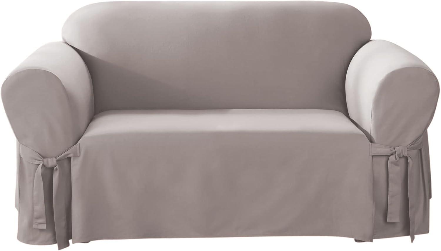 Gray Cotton Duck Loveseat Slipcover with Ties