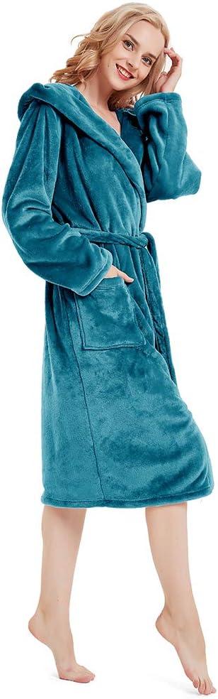 PAVILIA Fleece Robe For Women, Plush Warm Bathrobe, Fluffy Soft Spa Long Lightweight Fuzzy Cozy, Satin Trim (With Hood - Sea Blue, Large-X-Large)
