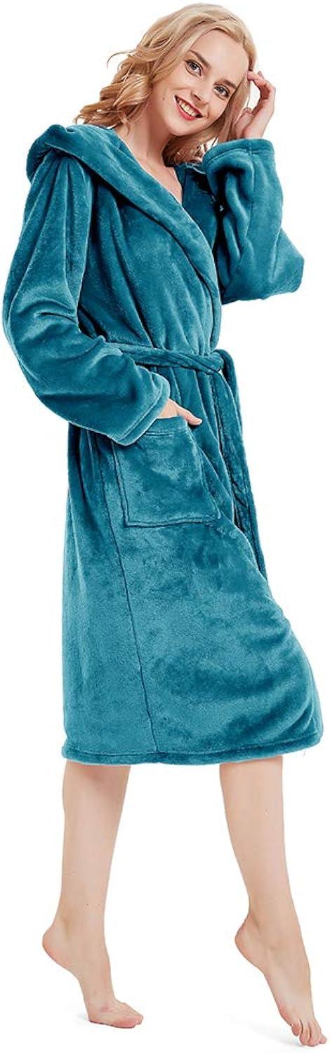 PAVILIA Fleece Robe For Women, Plush Warm Bathrobe, Fluffy Soft Spa Long Lightweight Fuzzy Cozy, Satin Trim (With Hood - Sea Blue, Large-X-Large)