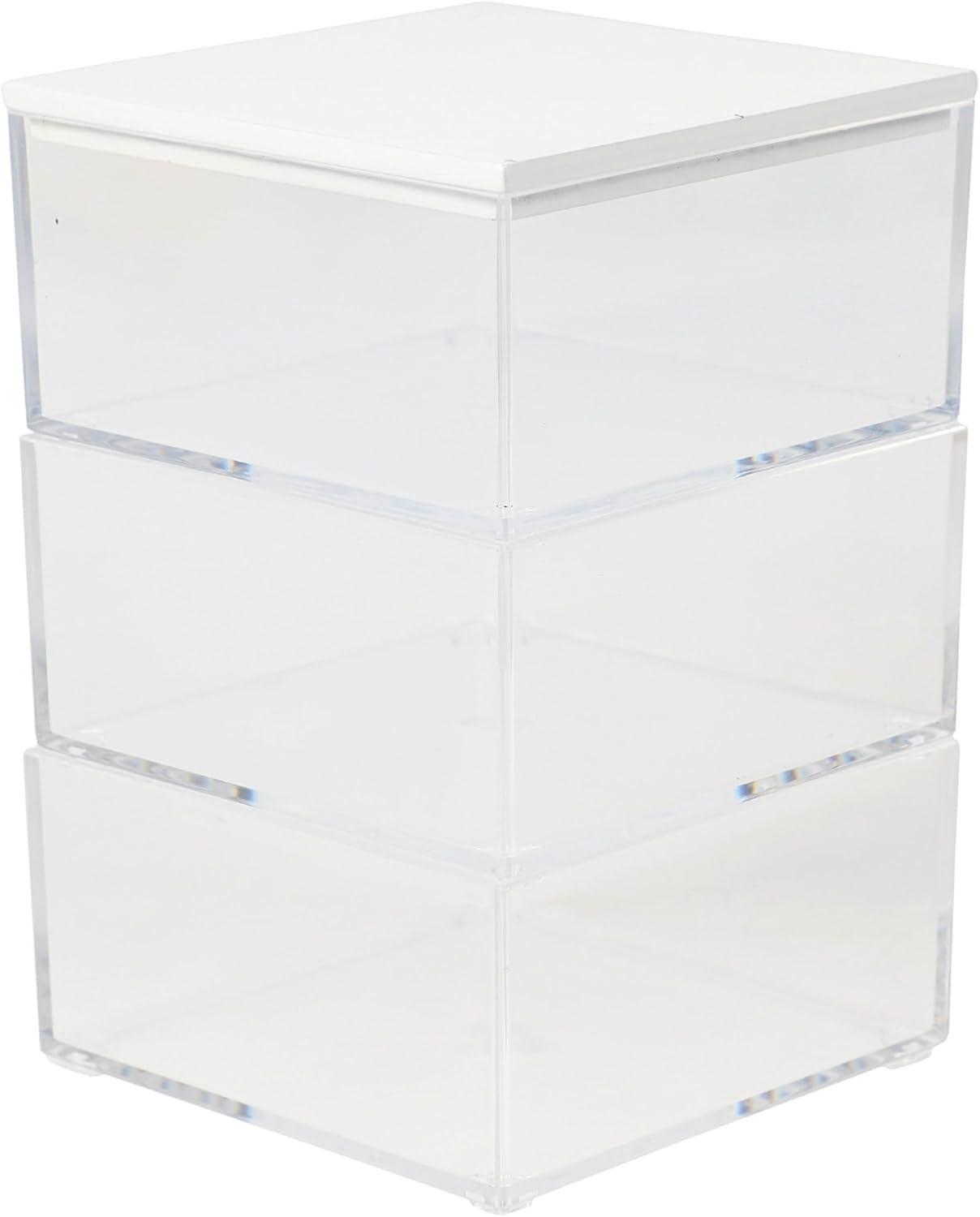 Martha Stewart Brody Clear Plastic Storage Organizer Bins with White Engineered Wood Lid for Home Office, Kitchen, or Bathroom, 3 Pack Small, 3.75" x 3"