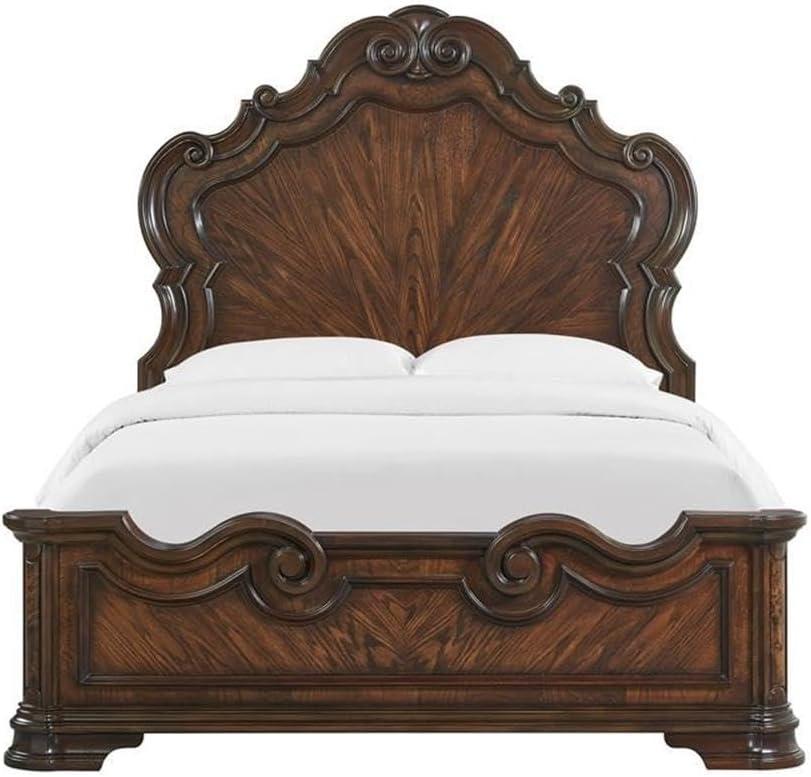 Royale Brown Cherry Queen Panel Bed with Intricate Carvings