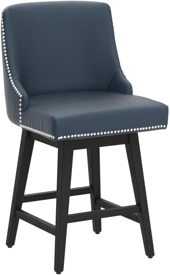 CHITA 26 in Upholstered Swivel Counter Bar Stools with Back&Wood Legs Set of 2, Faux Leather in Dark Blue