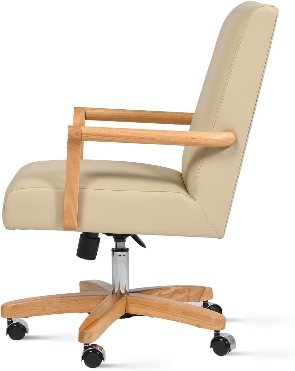Dumont Modern Farmhouse High Back Executive Home Office Chair, Neutral Cream Beige Leather & Natural Wood