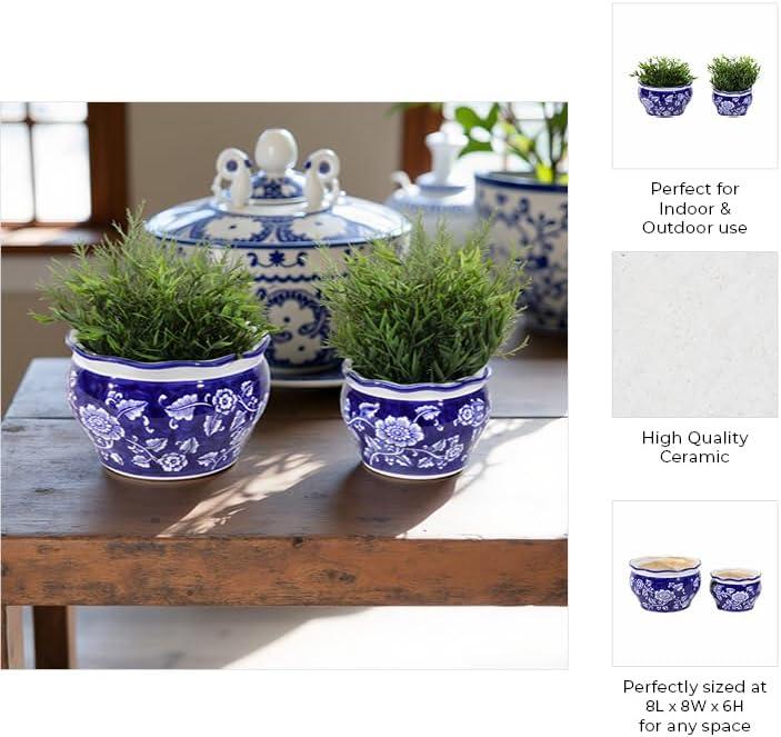 Sagebrook Home 2pc Chinoisere Ceramic Indoor Outdoor Planter Pots Blue/White: Hand-Painted, Rust-Resistant, No Assembly Required