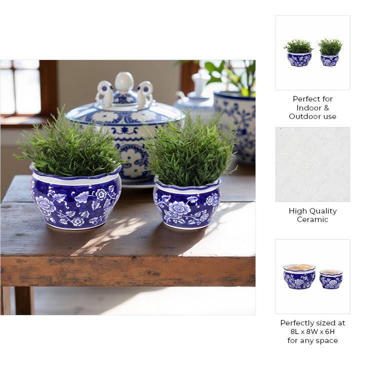 Sagebrook Home 2pc Chinoisere Ceramic Indoor Outdoor Planter Pots Blue/White: Hand-Painted, Rust-Resistant, No Assembly Required