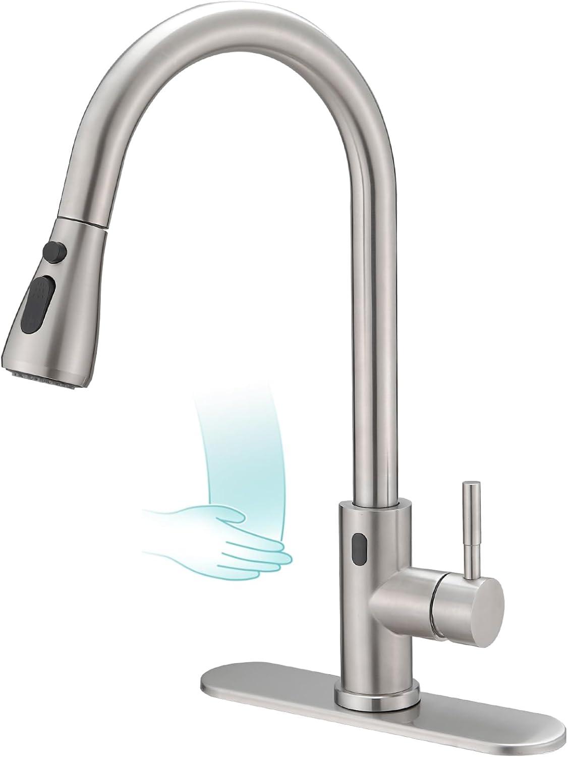 Brushed Nickel Touchless Pull-Down Kitchen Faucet with Spray