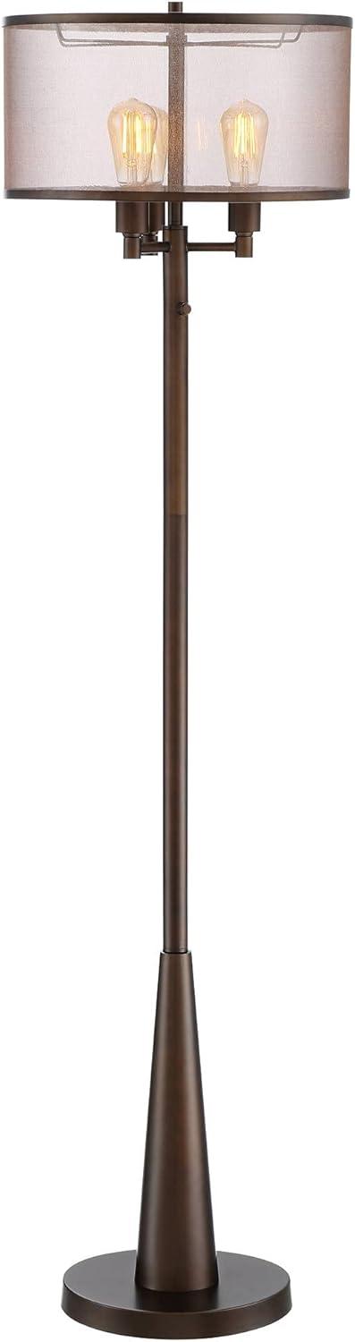 Franklin Iron Works Durango Rustic Farmhouse Floor Lamp 62" Tall Oiled Bronze Metal 3 Light LED Brown Sheer Drum Shade for Living Room Bedroom Office