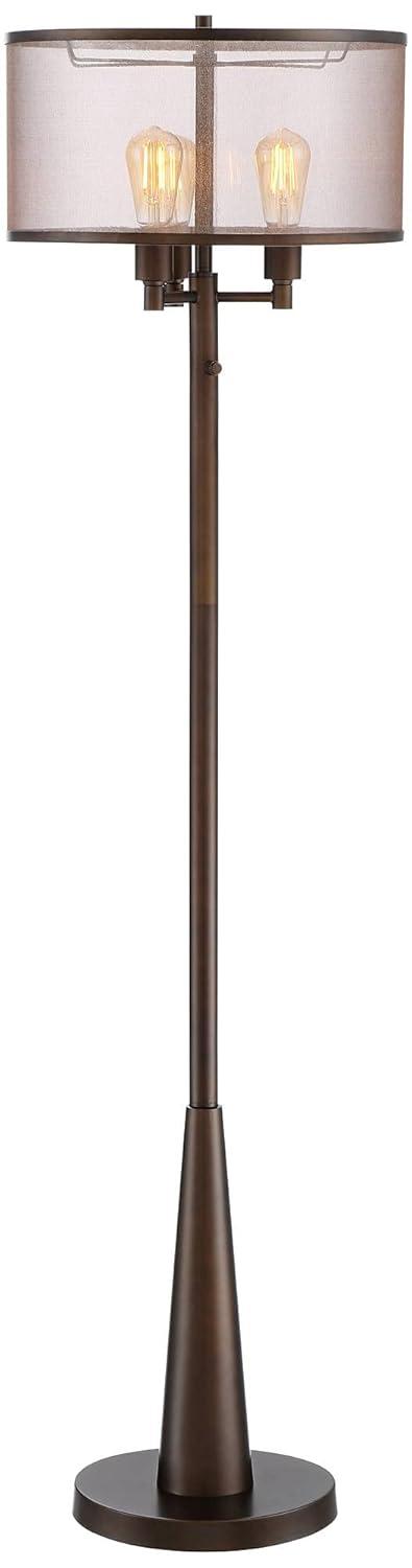 Franklin Iron Works Durango Rustic Farmhouse Floor Lamp 62" Tall Oiled Bronze Metal 3 Light LED Brown Sheer Drum Shade for Living Room Bedroom Office