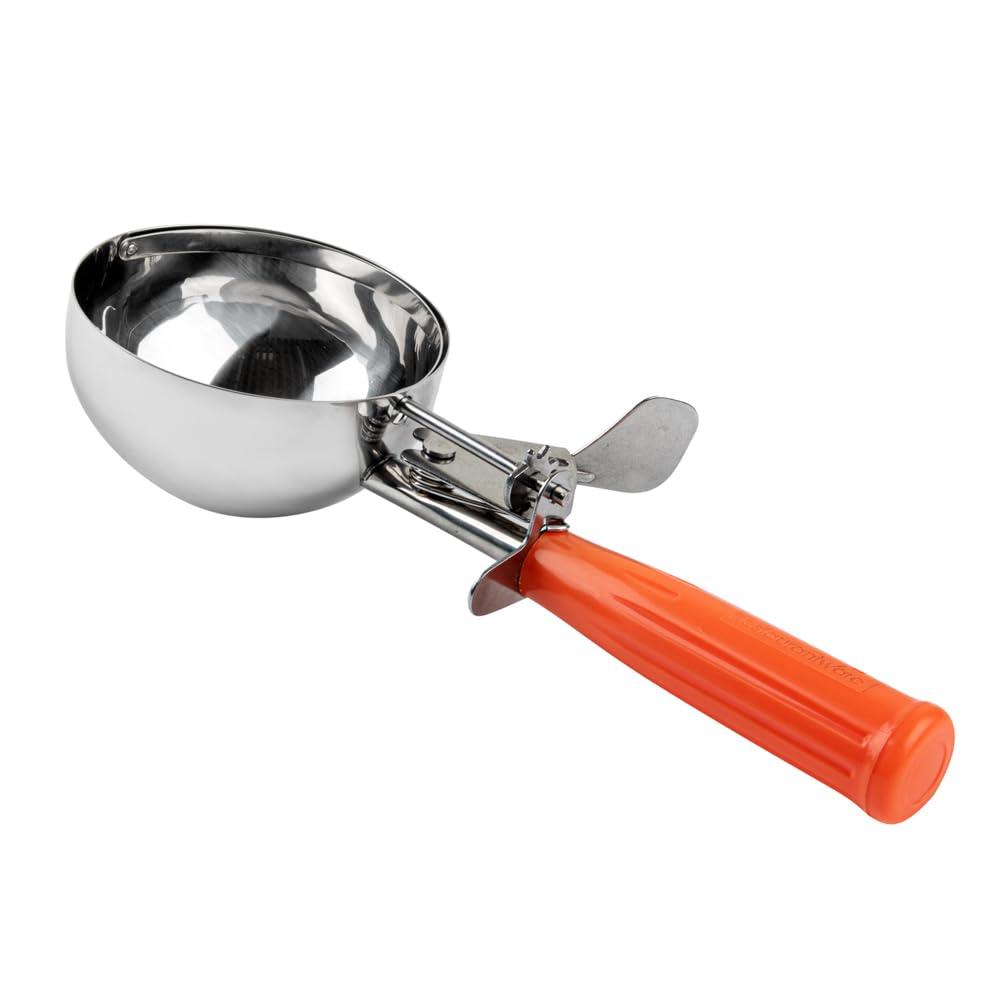 Restaurantware Met Lux 8 Ounce Portion Scoop 1 Durable Disher Scoop - Thumb Trigger Orange Stainless Steel Ice cream Disher For Portion Control For Ice Cream Mashed Potato And Cookie Batter