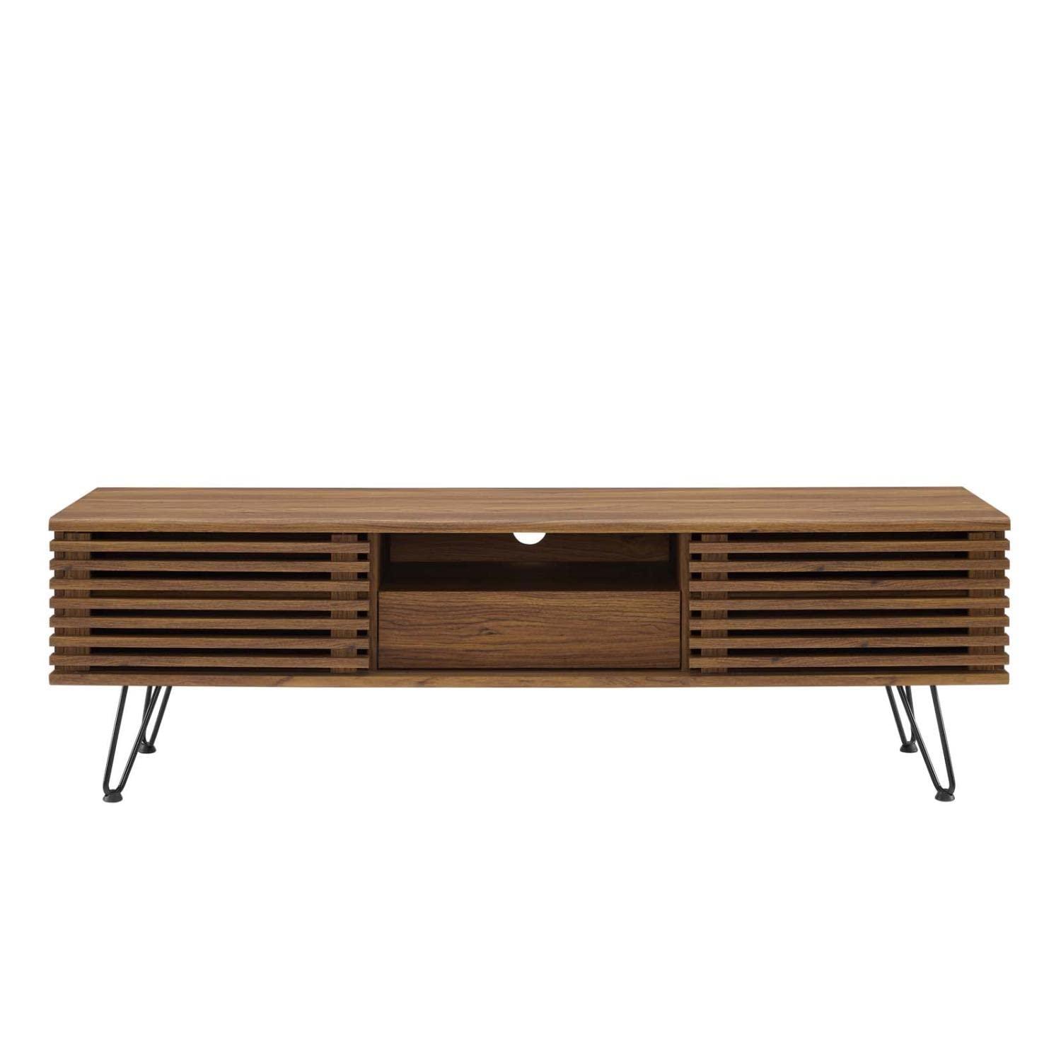 59" Render TV Stand for TVs up to 70" Walnut - Modway: Modern Media Console with Open Shelves & Metal Hardware