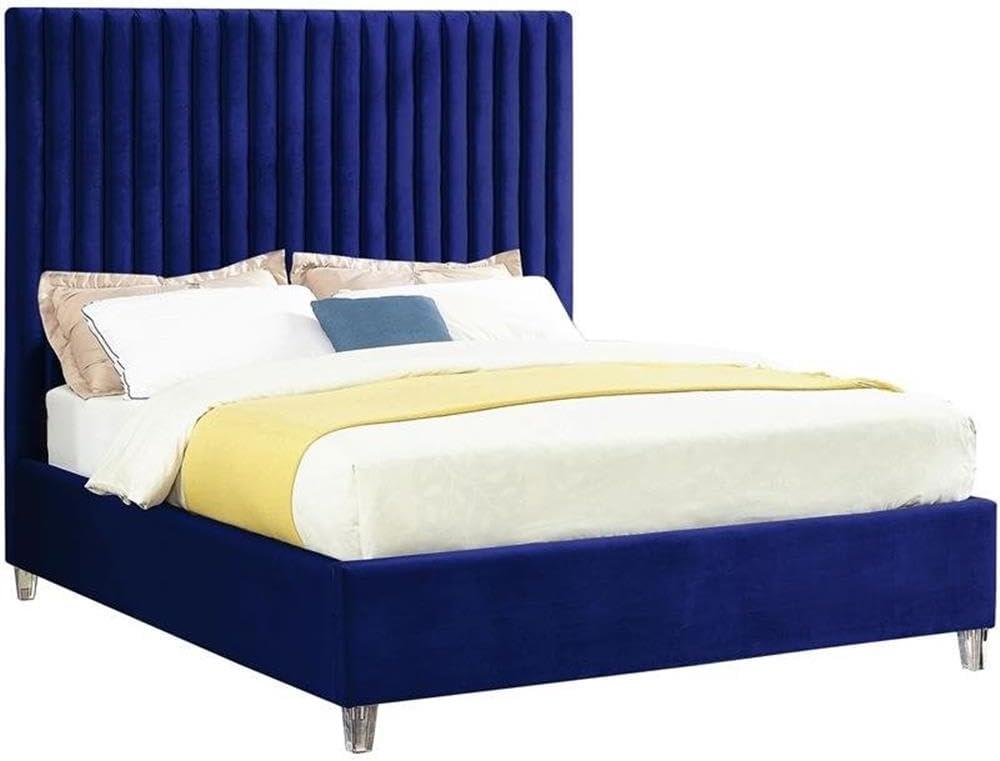 Navy Velvet Queen Bed with Tufted Upholstered Headboard