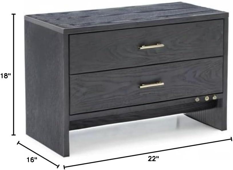 Gray Ash Veneer Nightstand with Brass Accents and 2 Drawers