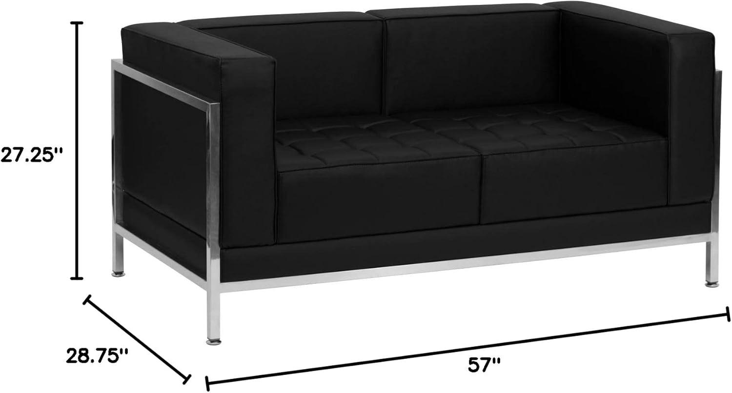 Black Tufted Leather Reception Loveseat with Metal Frame