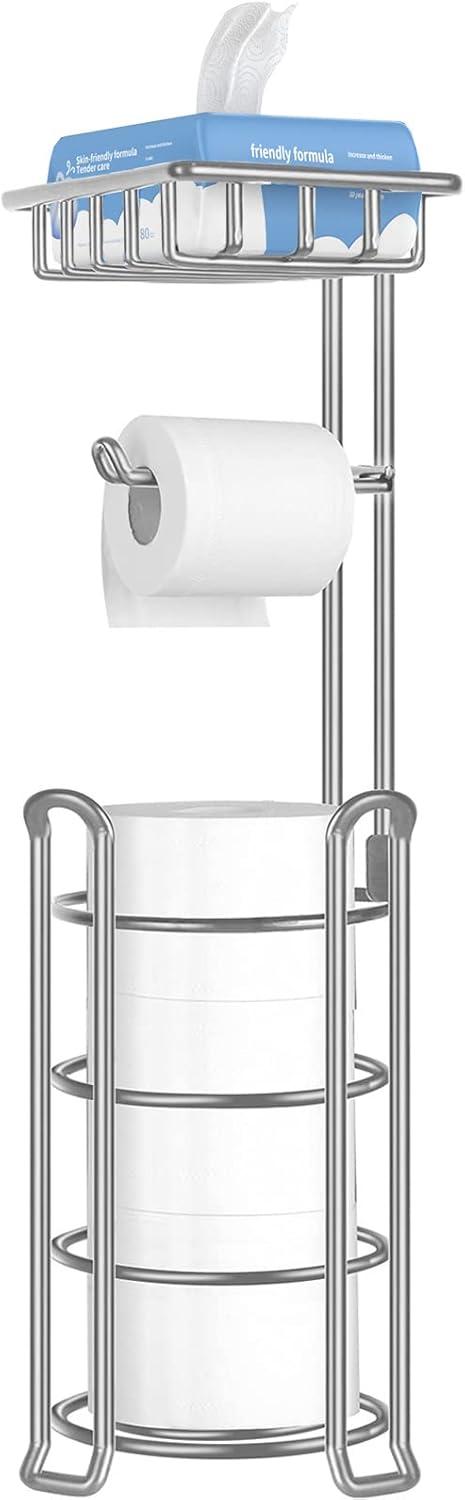 Glossy Silver Metal Freestanding Toilet Paper Holder with Storage Shelf