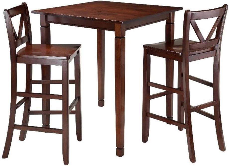 3pc Kingsgate Set Counter Height Dining Set with Bar Stools Wood/Walnut - Winsome: V-Back Chairs, Square High Table