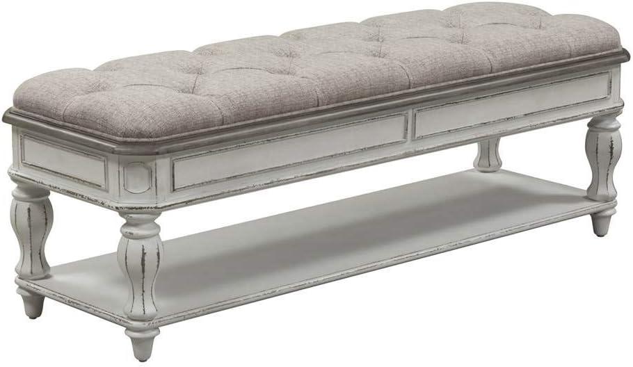 Antique White Upholstered Bedroom Bench with Storage Shelf