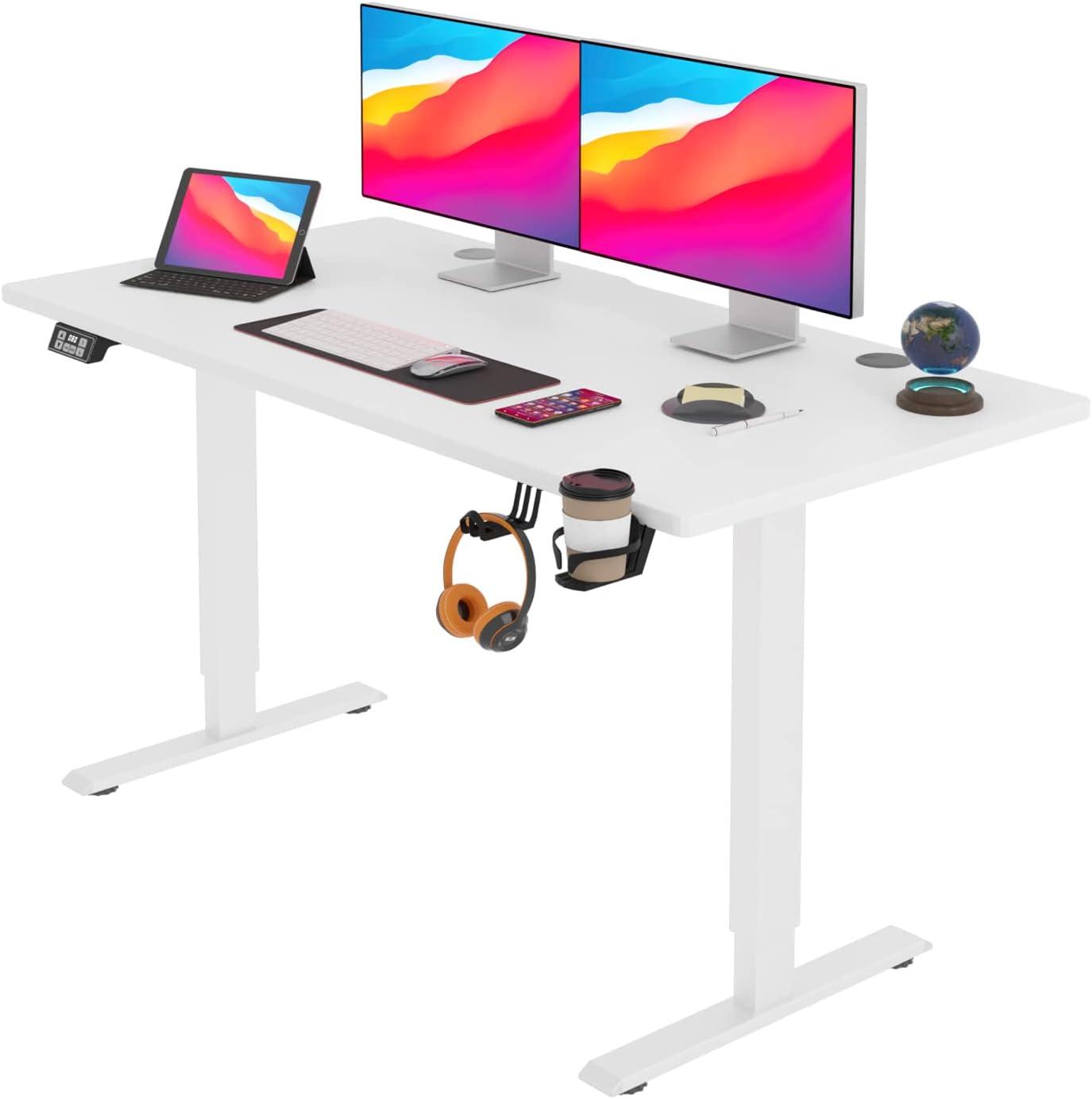 Electric Standing Desk Height Adjustable Computer Desk 55 inches Home Office Gaming Desk Writing Computer Workstation PC Simple Sit-Stand Large Working Area Student Kids Study Desk (White)