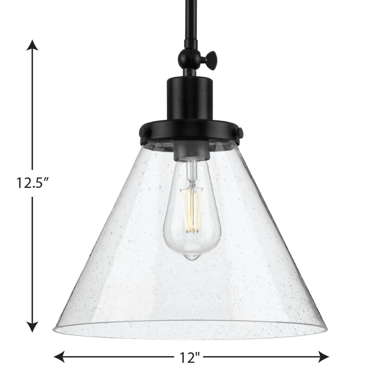 Progress Lighting Hinton 1-Light Industrial Pendant Light, Matte Black, Seeded Glass Shade