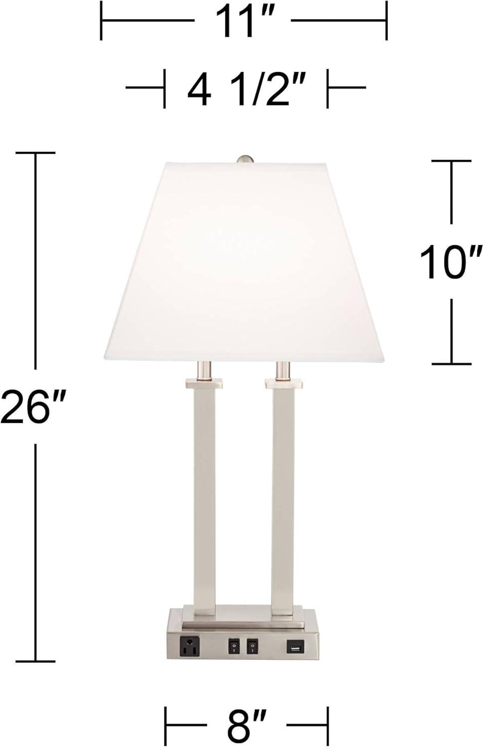 Possini Euro Design Amity Modern Table Lamp 26" High Brushed Nickel with USB and AC Power Outlet in Base White Linen Shade for Bedroom Bedside Desk