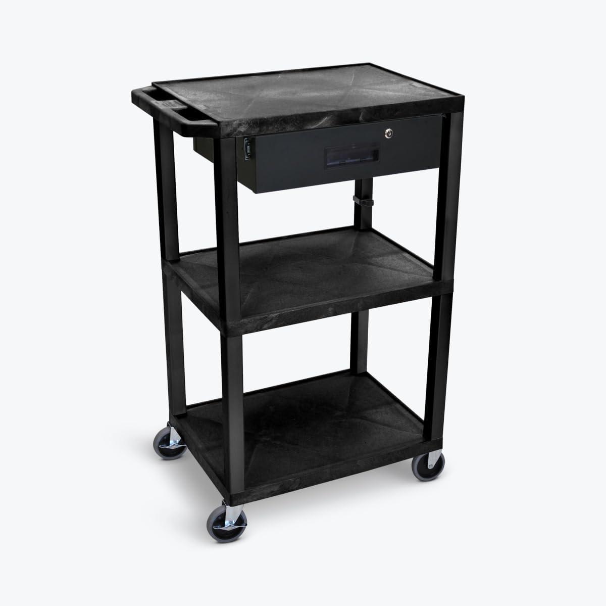 Luxor 42" Black 3-Shelf Utility Cart with Drawer