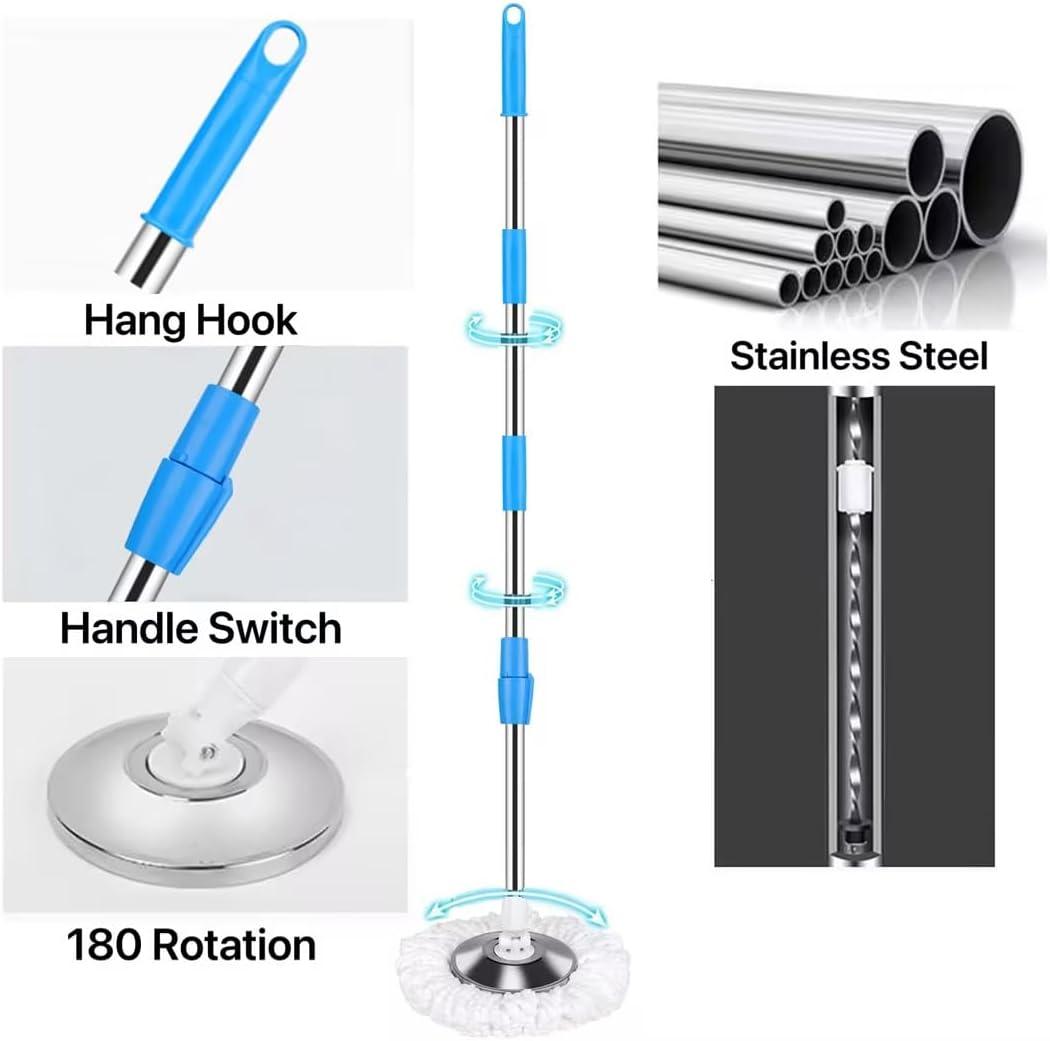 Spin Mop and Bucket with Wringer Set,360°Spin Mop & Bucket Floor Cleaning System Mop Bucket with 61" Adjustable Extended Handle 3 Microfiber Replacement Head Refills