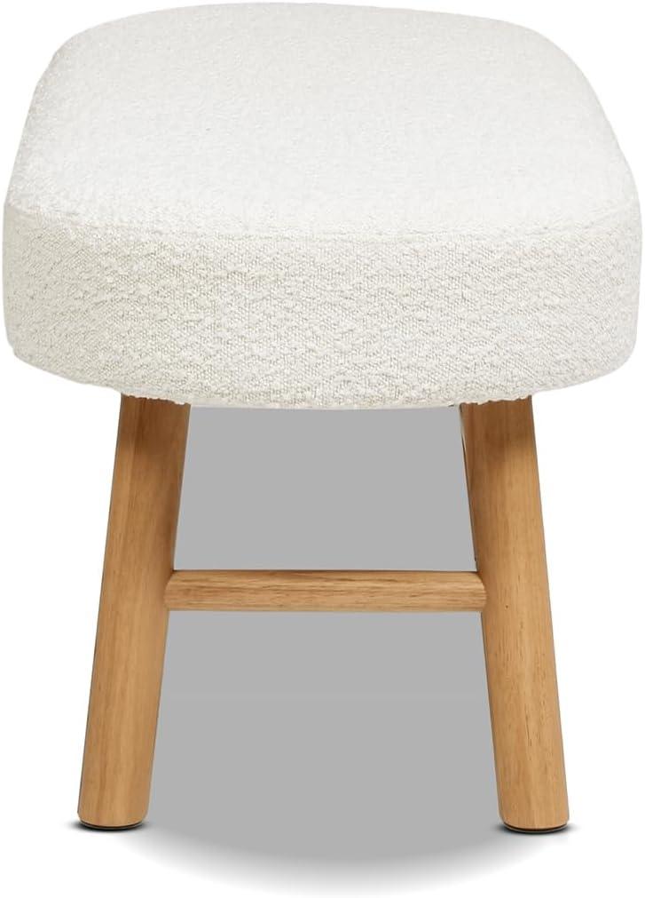 Ivory White Boucle Upholstered Bedroom Bench with Natural Wood Legs