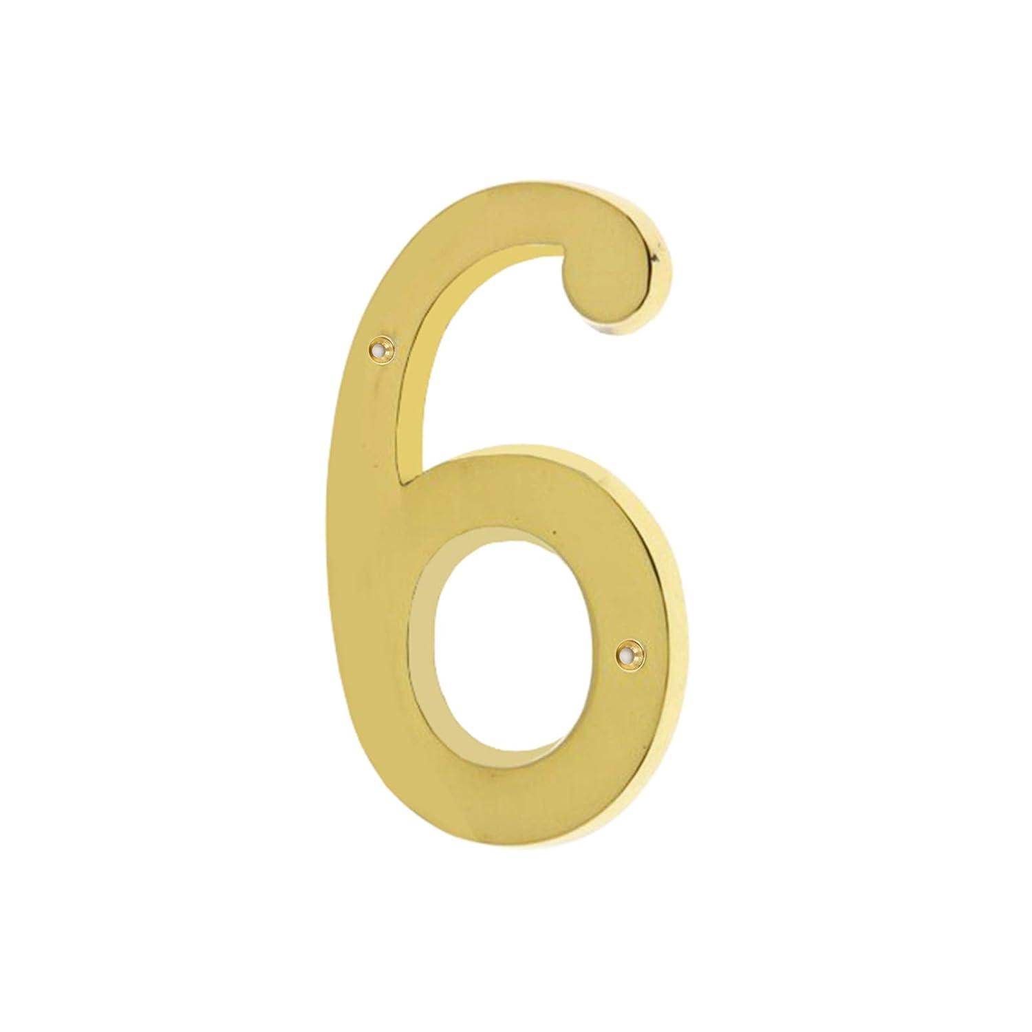 4 Inch Solid Brass House Number 6 in Bright Gold Finish
