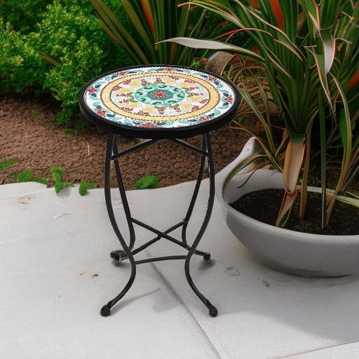 ELEVON Outdoor Side Table Mosaic Patio Table, 21" Accent Table Round End Table with 14" Ceramic Table Top, Outdoor Patio Balcony Table for Garden Backyard Pool Porch Bistro, Plant Stand, Green