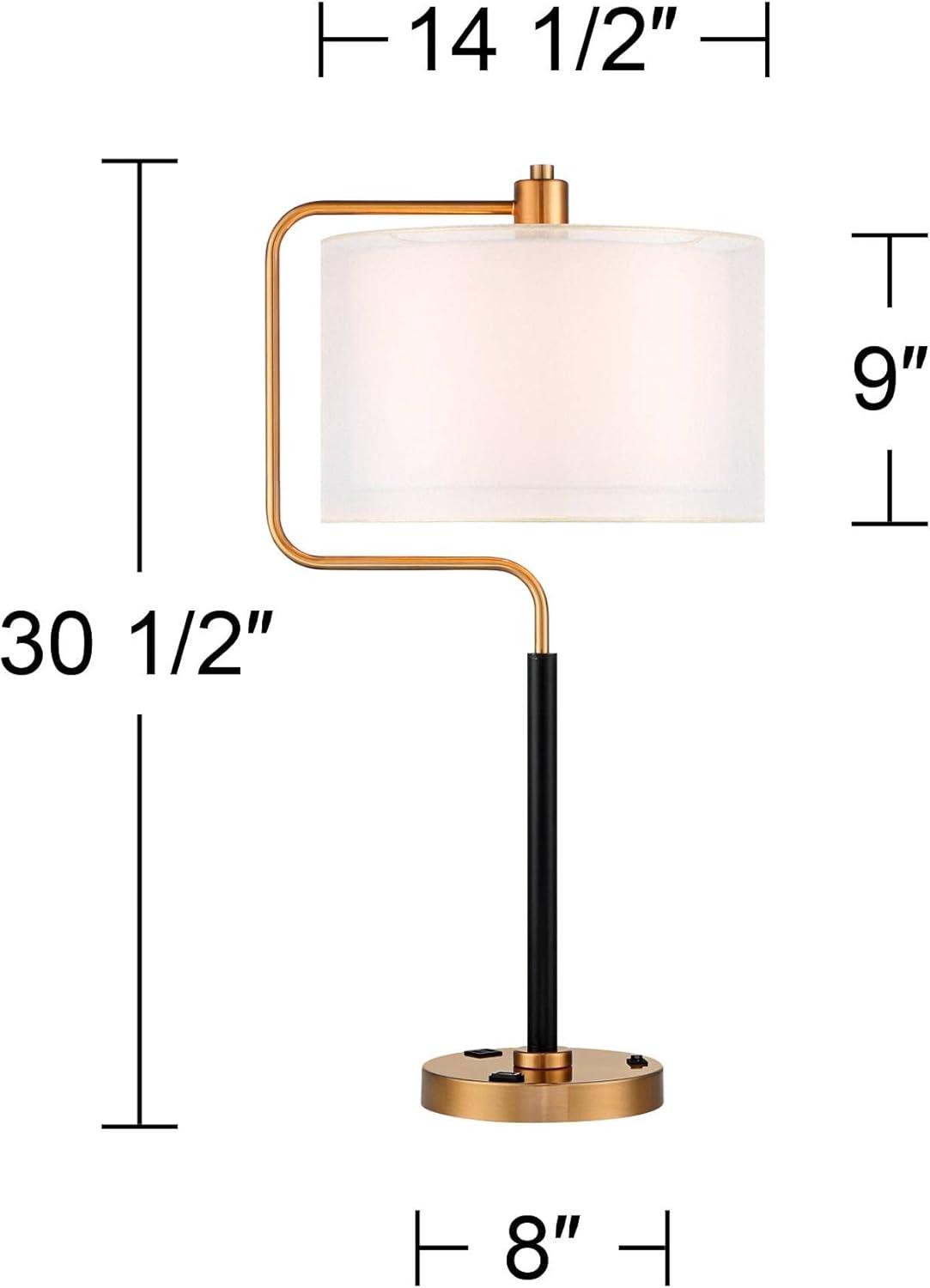 Possini Euro Design Carlyle Modern Mid Century Desk Lamp 30 1/2" Tall Gold with USB and AC Power Outlet in Base Double Drum Shades for Living Room