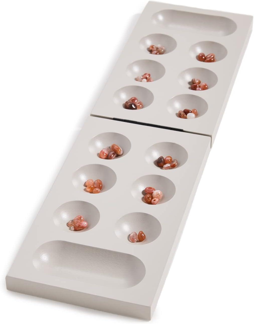 Compact Lacquered Wood Mancala with Gemstone Pieces